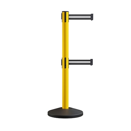Montour Line Retractable Dbl Belt Rolling Stanchion, 2.5in YW Post 11' Bk/W H Belt ES400D-YW-BWH-110